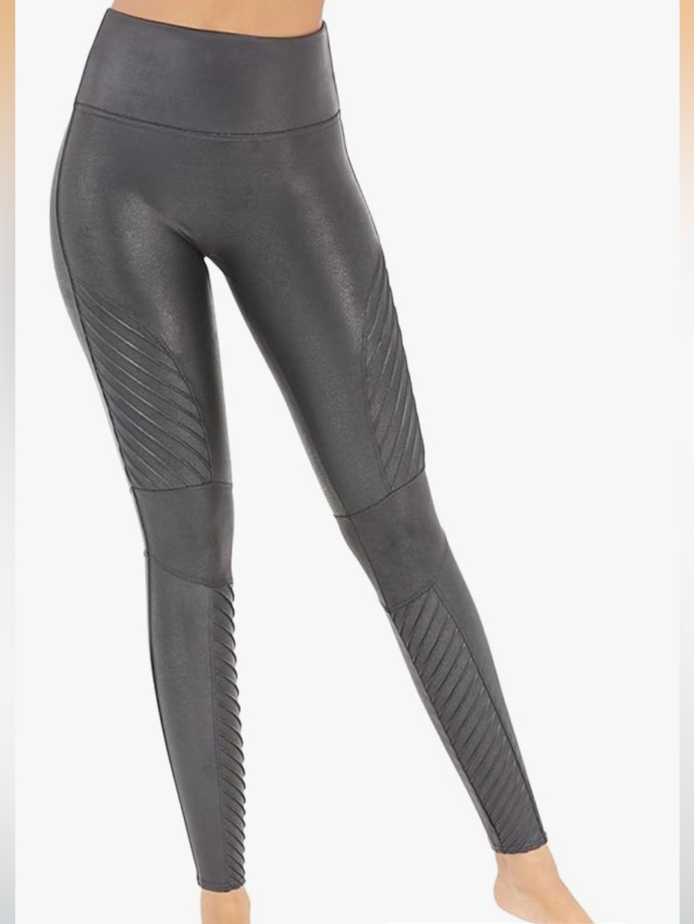 SPANX Black Faux Leather High-Waist Moto Textured Leggings Petite 1X